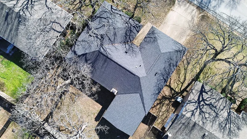 A charcoal shingle roof among bare winter trees, from directly above